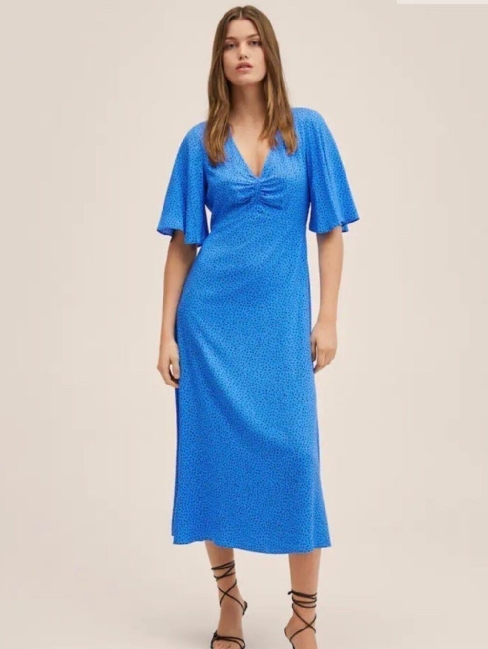 Long Flowy Blue V-Neck Flutter Sleeve - Picture 1 of 12